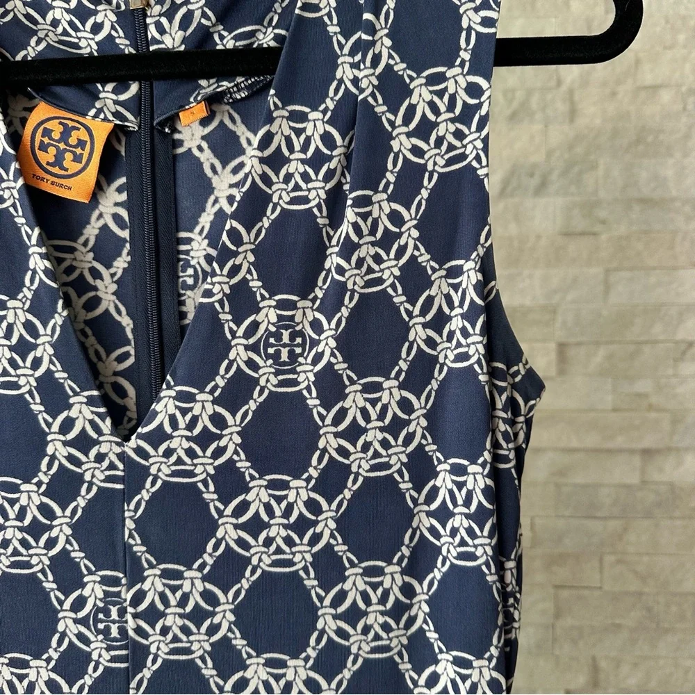 TORY BURCH Navy Blue “Nicola” Chain Print Jersey 100% Silk Knit Dress Size S